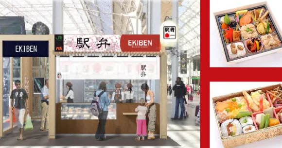 Japanese boxed lunches pulling into France at authentic bento stand opening in Paris station